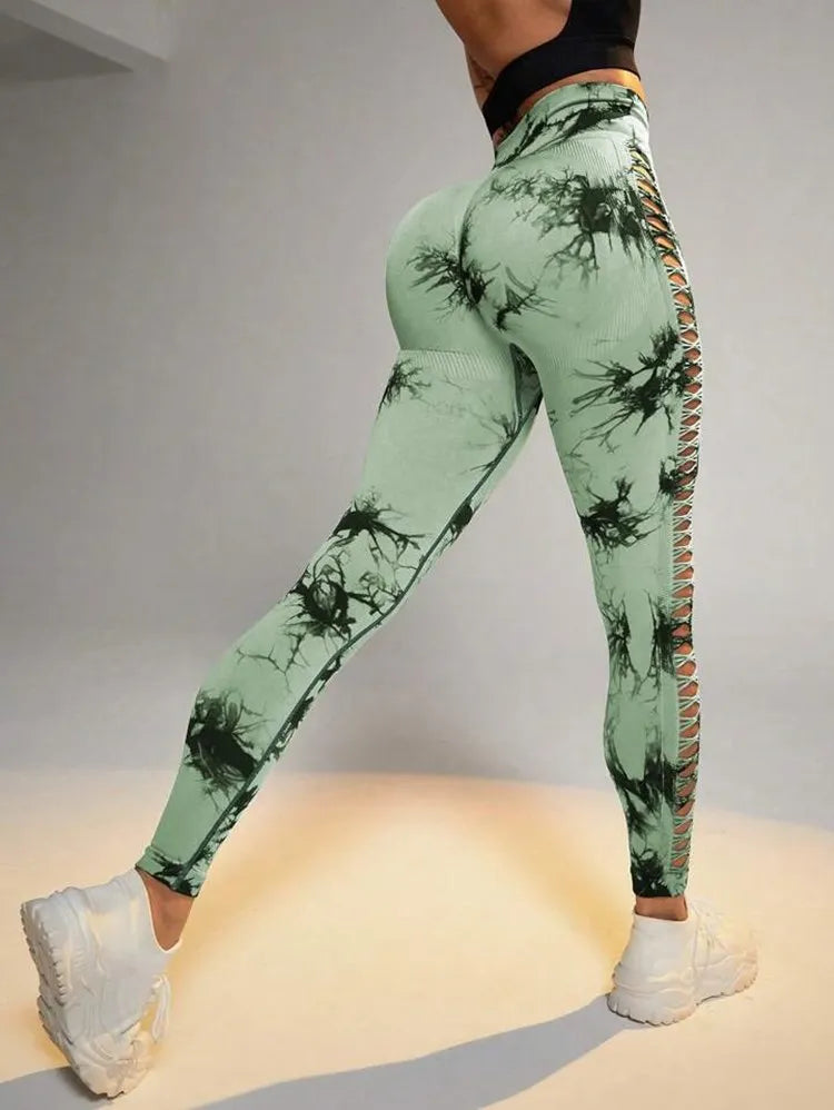 Tie Dye High Waist Yoga Leggings with Cut-Out Detail