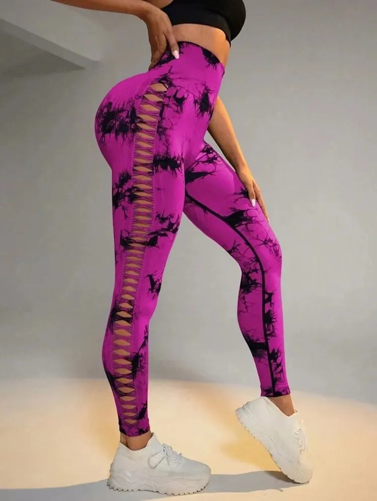 Tie Dye High Waist Yoga Leggings with Cut-Out Detail